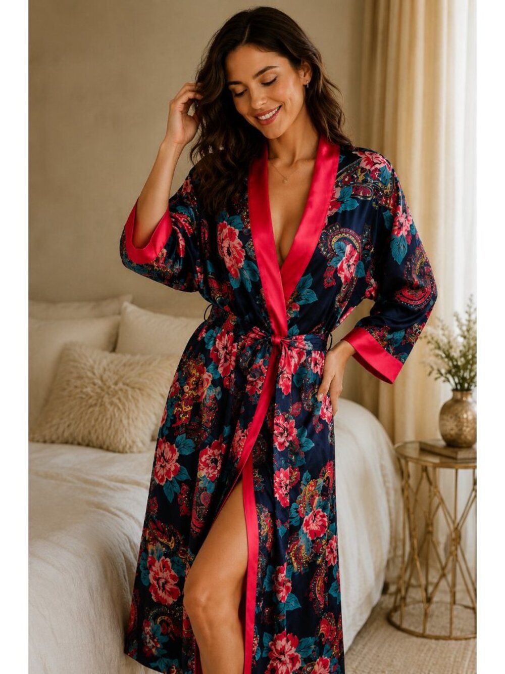 Vintage Victoria’s Secret Floral Satin Robe M/L Paisley Pink Blue Lounge Kimono